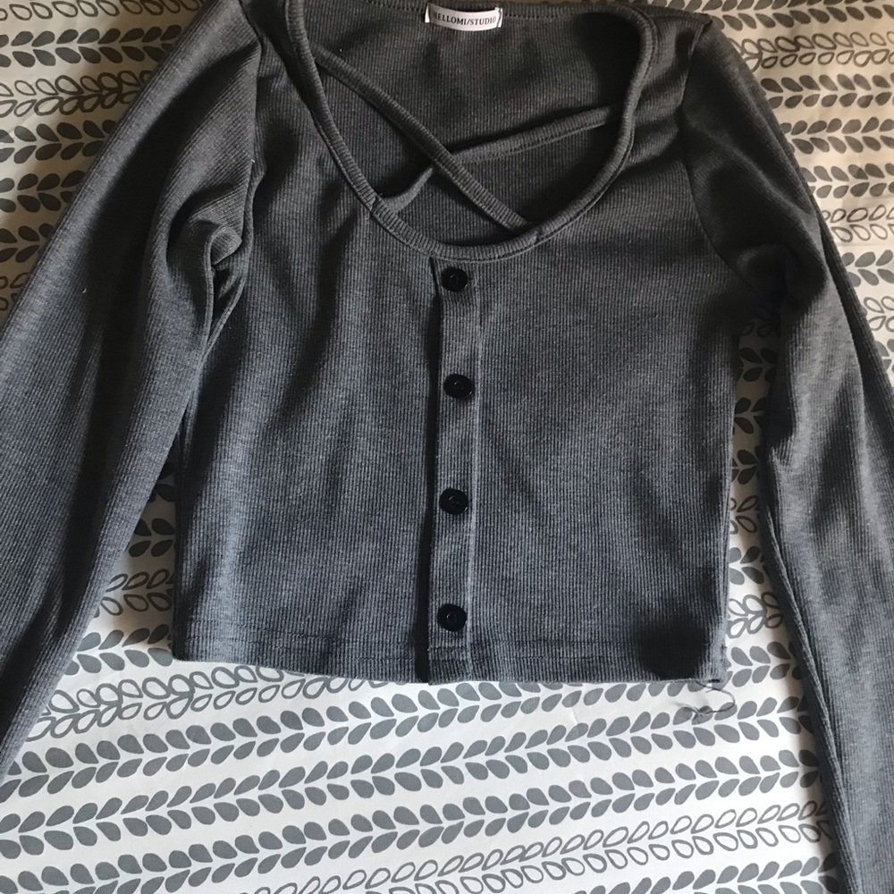 Gray Ribbed Cardigan with Button Detail